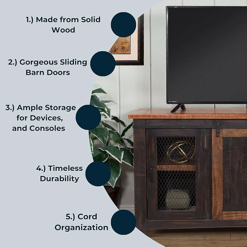 65 Inch Solid Wood TV Stand Antique Black Distressed Pine