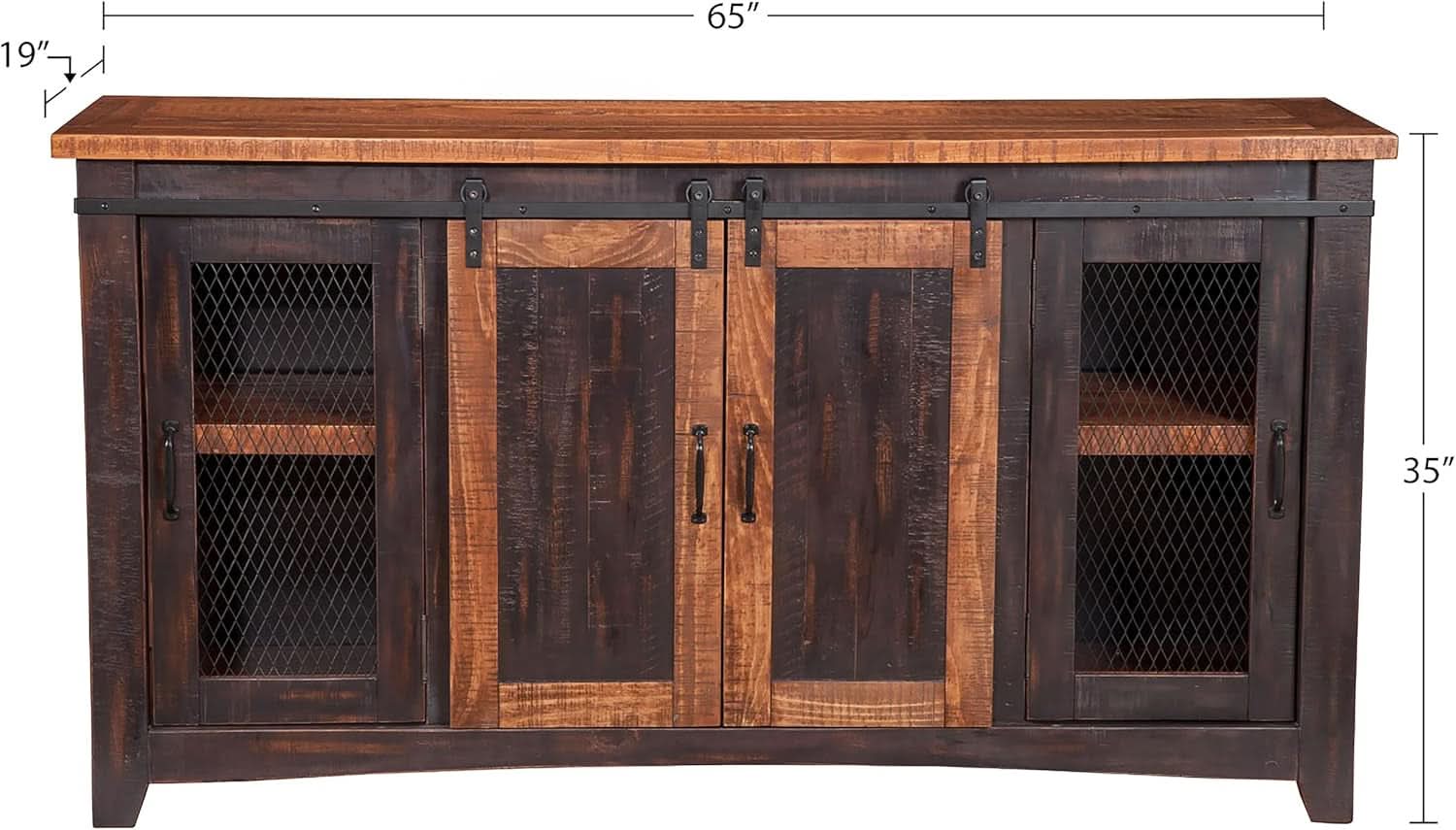 65 Inch Solid Wood TV Stand Antique Black Distressed Pine